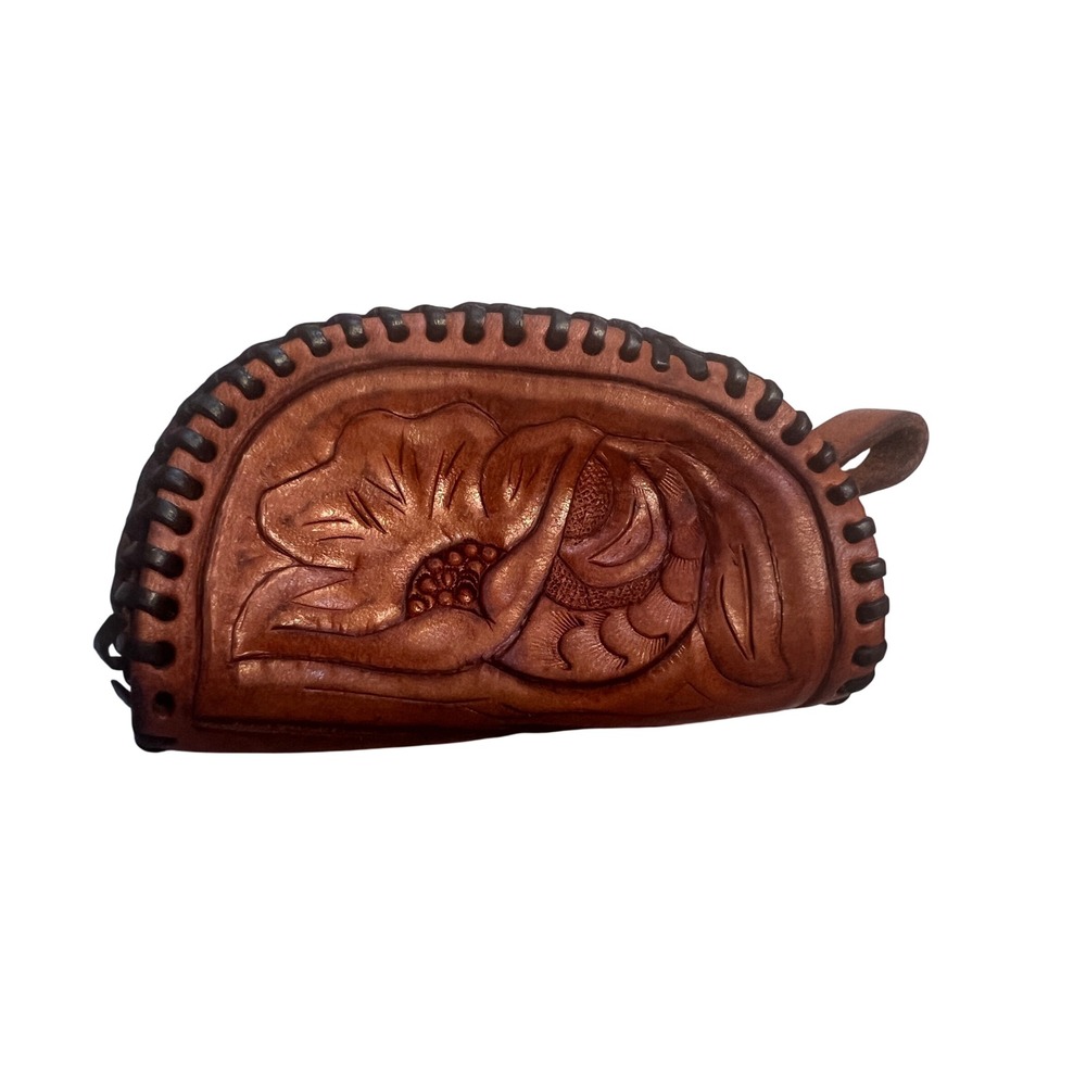 Vintage Hand Crafted Tooled Leather Coin Pouch Purse Classic Floral Pattern
